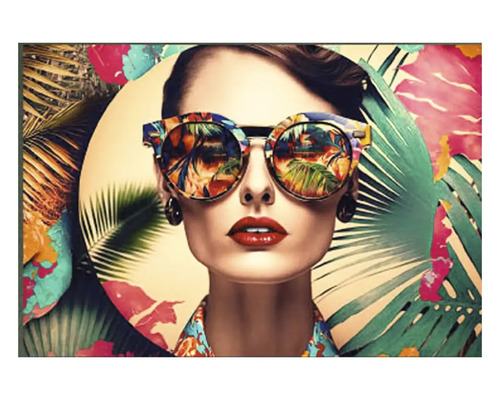 Tablou modern cu portretul unei femei cu ochelari de soare colorați și frunze de palmier tropicale.