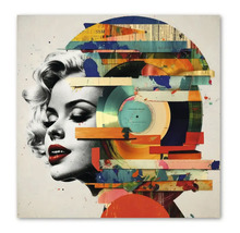 Tablou decorativ cu portretul lui Marilyn Monroe în stil colaj abstract cu discuri de vinil.
