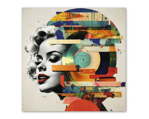 Tablou decorativ cu portretul lui Marilyn Monroe în stil colaj abstract cu discuri de vinil.