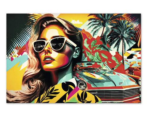 Tablou în stil pop art, ilustrație colorată a unei femei cu ochelari de soare în fața palmierilor și a unei mașini clasice.