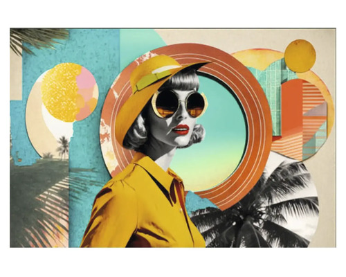 Tablou art print în stil retro cu o femeie cu pălărie și ochelari de soare, motive cu palmieri și forme geometrice.