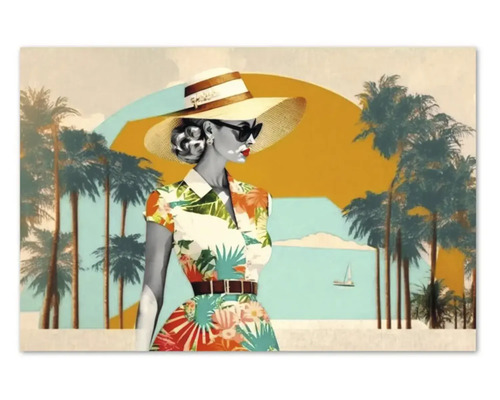 Tablou cu motiv vintage reprezentând o femeie cu pălărie de soare și ochelari de soare în rochie florală pe fundalul unui decor tropical cu palmieri.