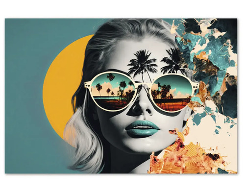 Tablou modern cu portretul unei femei, ochelari de soare cu reflexie de plajă tropicală, palmieri și elemente grafice abstracte.