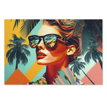 Tablou decorativ femeie cu ochelari de soare și palmieri în stil pop art, motiv tropical.