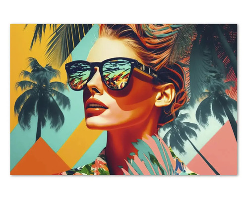 Tablou decorativ femeie cu ochelari de soare și palmieri în stil pop art, motiv tropical.