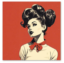 Tablou de perete cu o ilustrație retro a unei femei cu o coafură elaborată și o fundă.