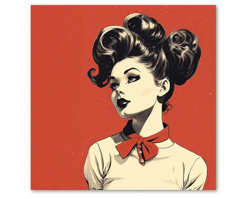 Tablou de perete cu o ilustrație retro a unei femei cu o coafură elaborată și o fundă.