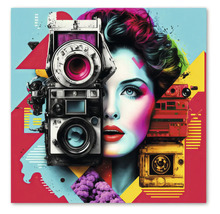 Tablou modern în stil pop-art cu chip de femeie și aparate foto vechi, forme geometrice colorate.