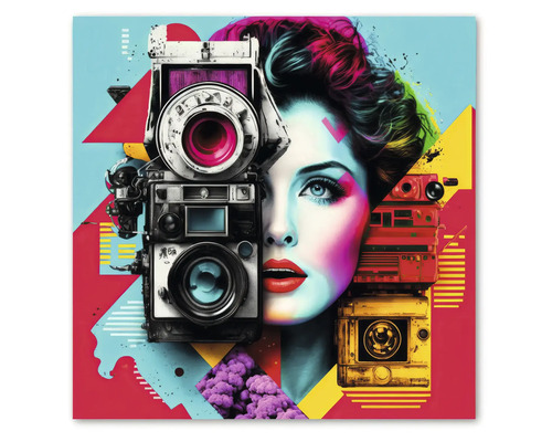 Tablou modern în stil pop-art cu chip de femeie și aparate foto vechi, forme geometrice colorate.