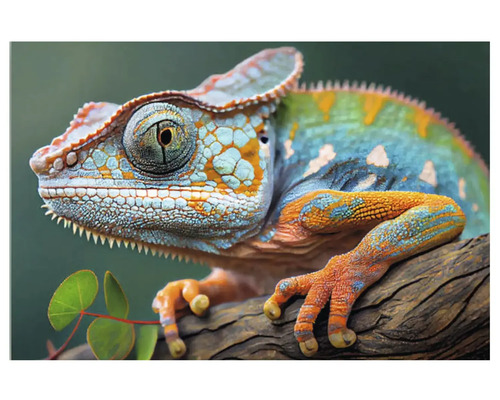 Prim-plan cu un cameleon cu model pe o ramură.