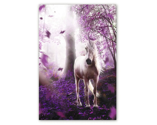 Tablou pe pânză cu un inorog într-o pădure luminoasă cu frunze mov.