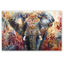 Tablou cu cap de elefant în stil acuarelă, decorat cu modele mandala pe frunte și elemente florale.