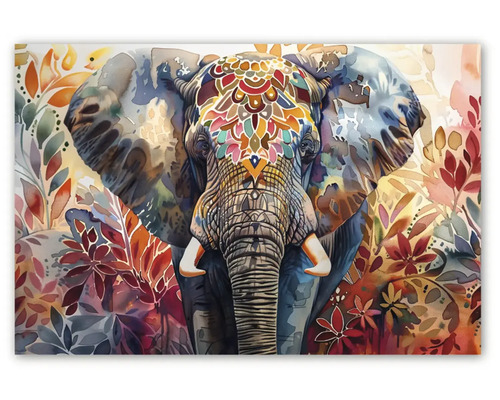 Tablou cu cap de elefant în stil acuarelă, decorat cu modele mandala pe frunte și elemente florale.