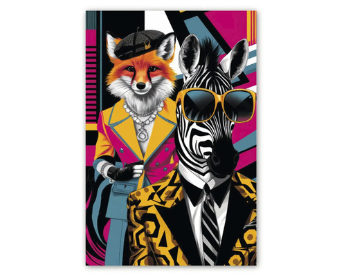 Tablou cu o vulpe și o zebră în haine la modă pe un fundal geometric, stil pop art.