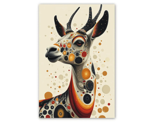 Tablou cu o reprezentare abstractă a unui animal cu coarne, cu modele grafice de cercuri și linii.