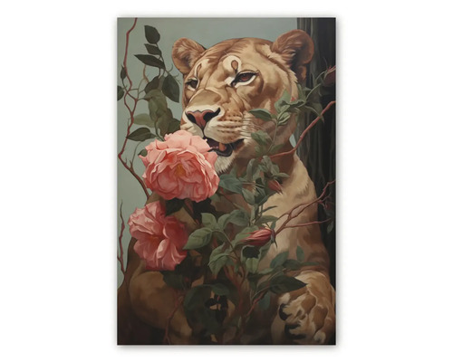 Tablou decorativ print artistic cu motivul unei leoaice înconjurată de trandafiri și frunze, format vertical.