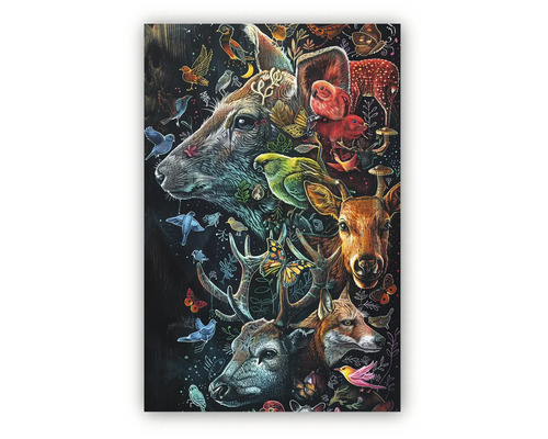 Tablou cu un colaj de animale de pădure, inclusiv cerbi, vulpe, păsări, fluturi și elemente florale.