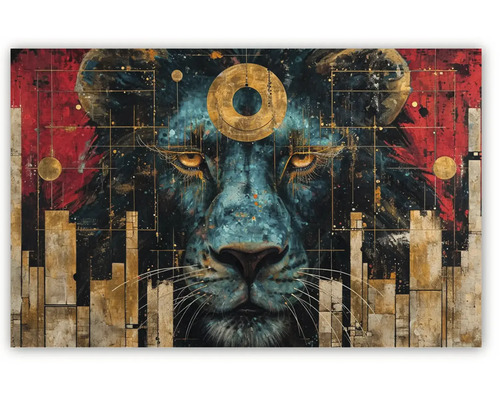 Tablou abstract pe pânză cu cap de leu, decorațiuni geometrice aurii, accente albastre și roșii.