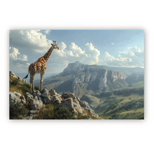 Tablou pe pânză cu o girafă pe o stâncă într-un peisaj montan vast.