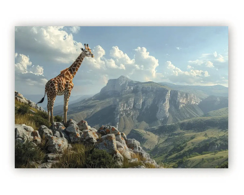 Tablou pe pânză cu o girafă pe o stâncă într-un peisaj montan vast.