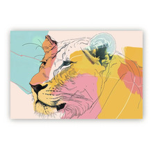 Tablou pe sticlă cu leoaică în stil pop art, decorațiune abstractă de perete cu accente colorate
