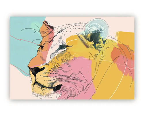 Tablou pe sticlă cu leoaică în stil pop art, decorațiune abstractă de perete cu accente colorate