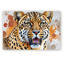 Tablou pe pânză cu portretul unui leopard cu gura deschisă și stropi de vopsea. Decorațiune de perete.