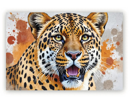 Tablou pe pânză cu portretul unui leopard cu gura deschisă și stropi de vopsea. Decorațiune de perete.