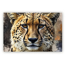 Tablou pe pânză cu portretul unui ghepard în prim-plan.