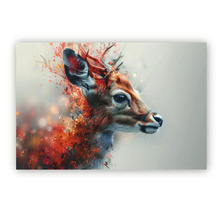 Tablou decorativ cu portret abstract de cerb cu stropi de vopsea pe coarne și gât.