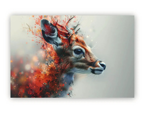 Tablou decorativ cu portret abstract de cerb cu stropi de vopsea pe coarne și gât.