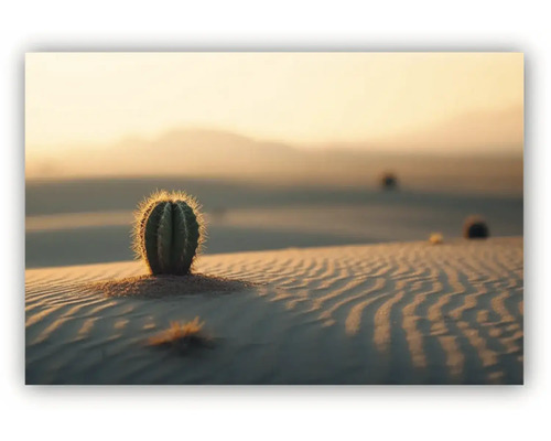 Tablou decorativ cu un cactus într-un peisaj de deșert cu dune de nisip.