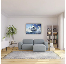Living luminos cu tablou cu corabie deasupra unei canapele gri, podea din lemn, covor, raft pentru cărți și plantă de interior.
