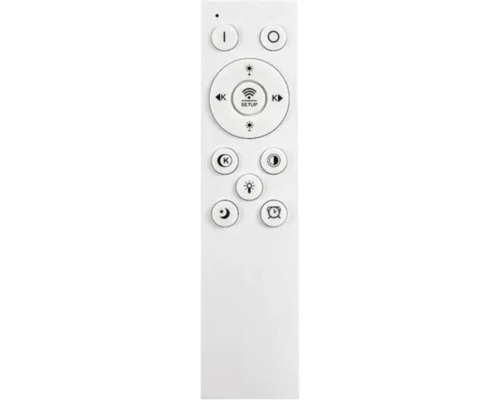 Telecomandă pentru corpuri de iluminat cu LED, cu butoane pentru luminozitate, temperatura culorii, temporizator și mod de noapte.