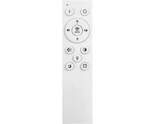 Telecomandă pentru iluminat cu butoane pentru pornire, oprire, luminozitate, temperatură culoare, temporizator și mod noapte.