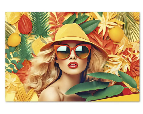 Decorațiune de perete cu o femeie cu pălărie și ochelari de soare, înconjurată de frunze tropicale și citrice, într-o atmosferă luminoasă.