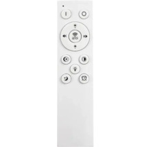 Telecomandă albă pentru controlul iluminatului cu butoane pentru luminozitate, temperatura culorii, configurare și cronometru.