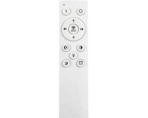 Telecomandă albă pentru controlul iluminatului cu butoane pentru luminozitate, temperatura culorii, configurare și cronometru.