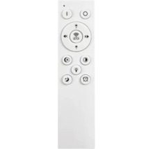 Telecomandă albă pentru controlul iluminatului LED cu butoane pentru luminozitate, temperatura culorii, temporizator și mod de noapte.