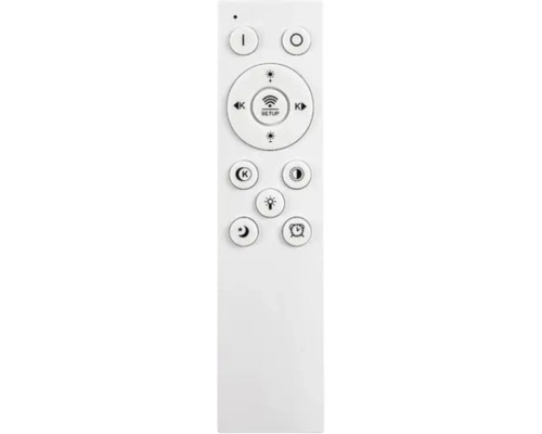 Telecomandă albă pentru controlul iluminatului LED cu butoane pentru luminozitate, temperatura culorii, temporizator și mod de noapte.