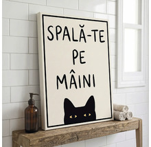 Tablou canvas cu textul SPALĂ-TE PE MÂINI și ilustrație cu o pisică neagră, pe o poliță de lemn în baie lângă un dozator de săpun și prosoape.