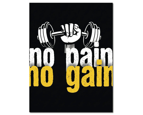 Tablou cu textul no pain no gain și o ilustrație a unei mâini care ține o ganteră.