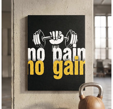Tablou pe pânză cu motiv mână care ține o ganteră și inscripția no pain no gain pe un perete de beton într-o sală de fitness luminoasă.