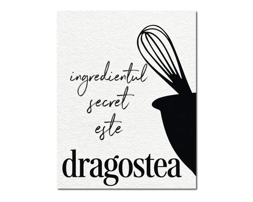 Tablou decorativ pentru bucătărie cu textul ingredientul secret este dragostea și o ilustrație cu un tel și un bol pe fundal texturat.