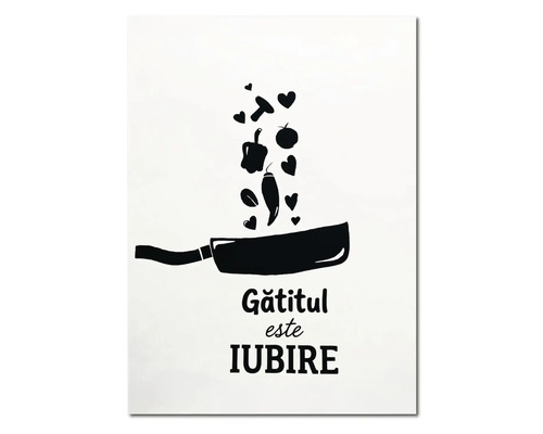 Autocolant de perete pentru bucătărie cu tigaie, inimi și legume care cad și textul Gătitul este IUBIRE.