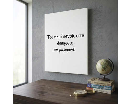 Tablou pe pânză cu text în română, cuvântul dragoste fiind tăiat. Perete gri, masă cu glob și busolă. Stil modern de călătorie, organizat.