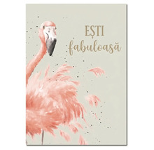Tablou decorativ cu ilustrație flamingo, textul Ești fabuloasă și mici pete de culoare.