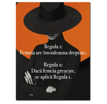 Tablou decorativ cu o femeie cu pălărie și text în limba română despre regulile femeii.