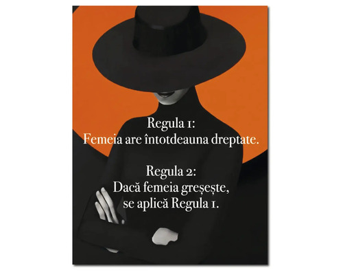 Tablou decorativ cu o femeie cu pălărie și text în limba română despre regulile femeii.
