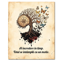 Tablou decorativ cu arborele vieții, busolă și fluturi pe fundal vintage cu text în română.